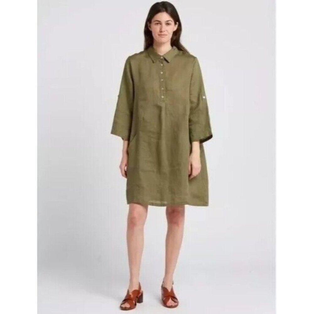 Elena Baldi green linen shirt dress roll sleeves new with tags size L